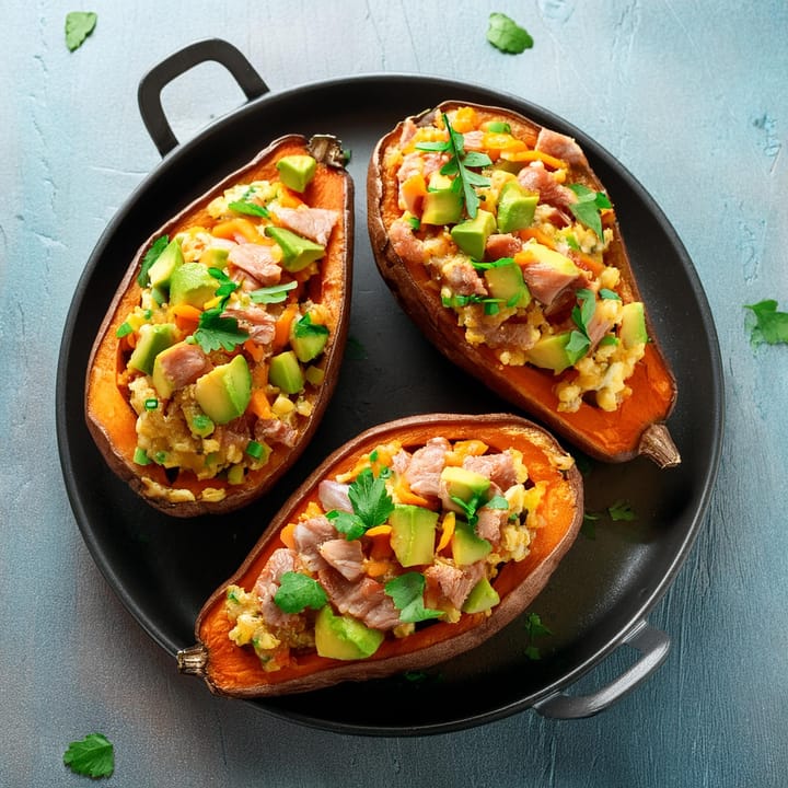 RECIPE: Good Vibes Avocado and Turkey Stuffed Sweet Potatoes