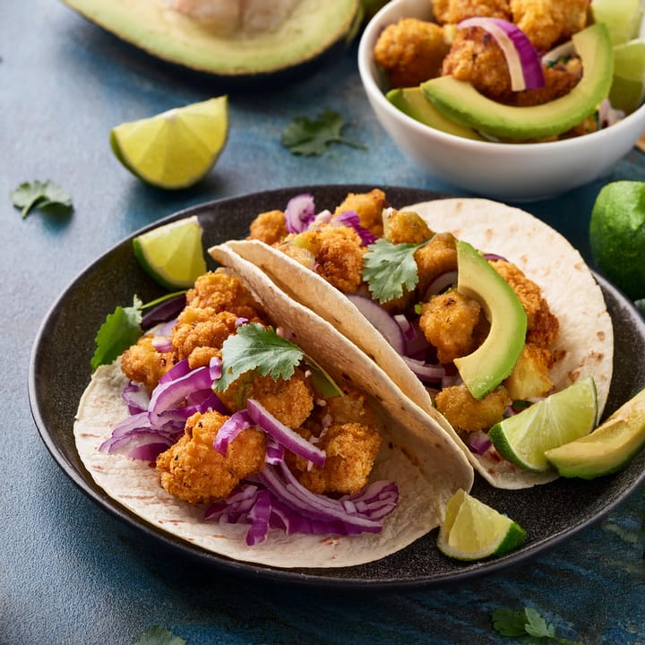 RECIPE: Good Vibes Crispy Cauliflower Tacos with Avocado and Red Onion Slaw