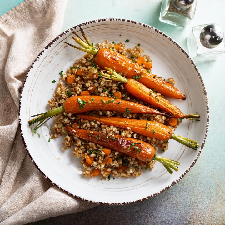 RECIPE: Good Vibes Maple Dijon Roasted Carrots with Farro